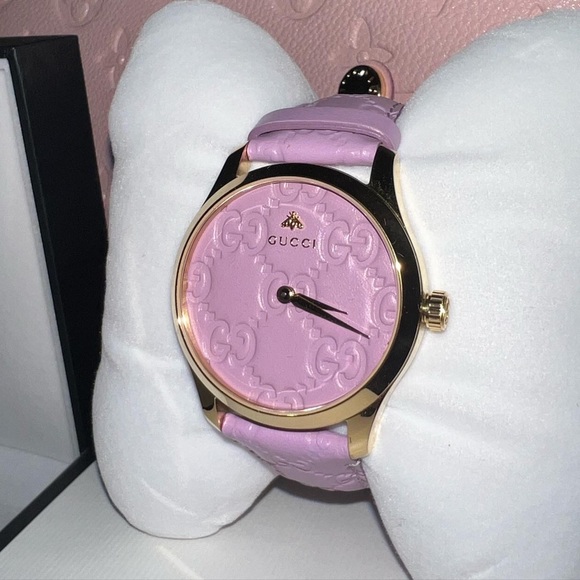 Gucci watch lilac pink purple magenta leather gg monogram gold logo strap rare - Picture 4 of 7